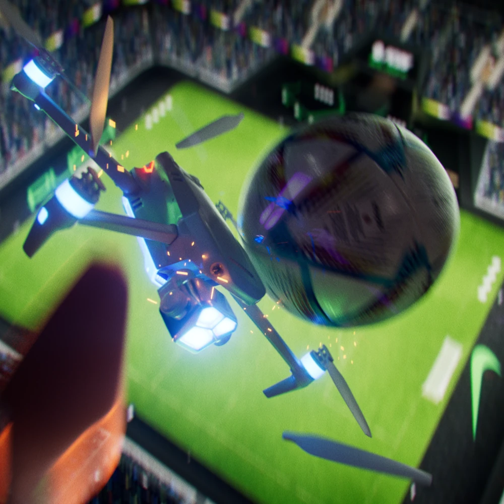 Football and drone in an EA SPORTS FC stadium